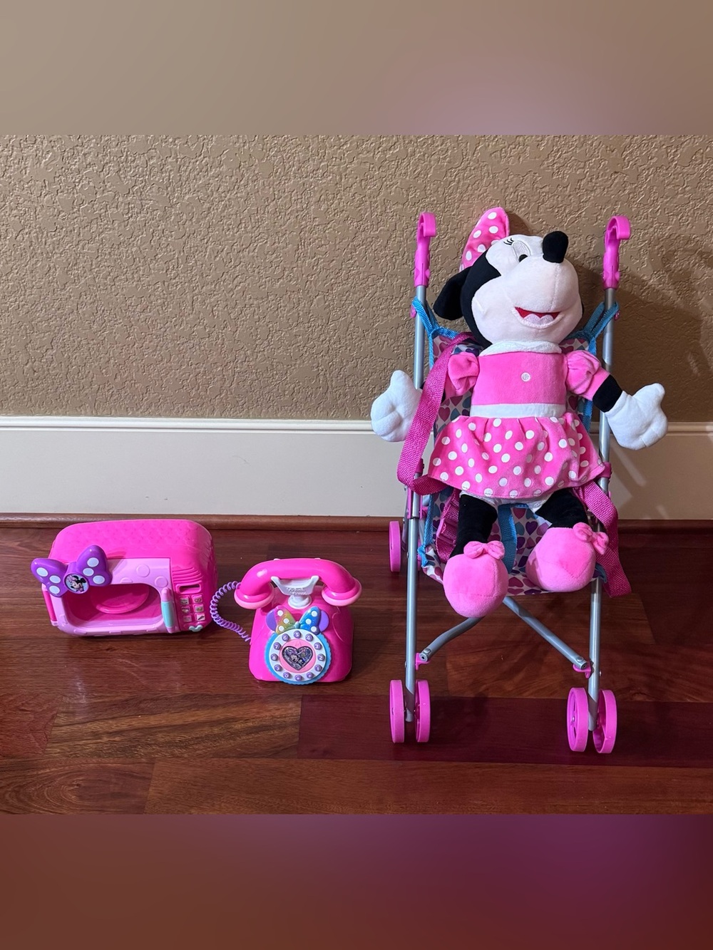 Pink Plush Minnie-Style Doll with Stroller ,Play Phone and microwave